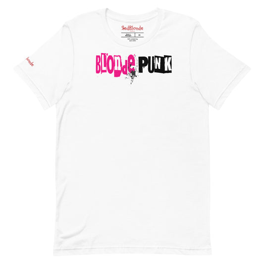 flatlay of a white relaxed fit graphic t-shirt with 'Blonde Punk' in irregular printing block style caps and lowercase. Blonde is written in bright prink and Punk in black lettering. Branded RedBlonde London in inside neck and right sleeve
