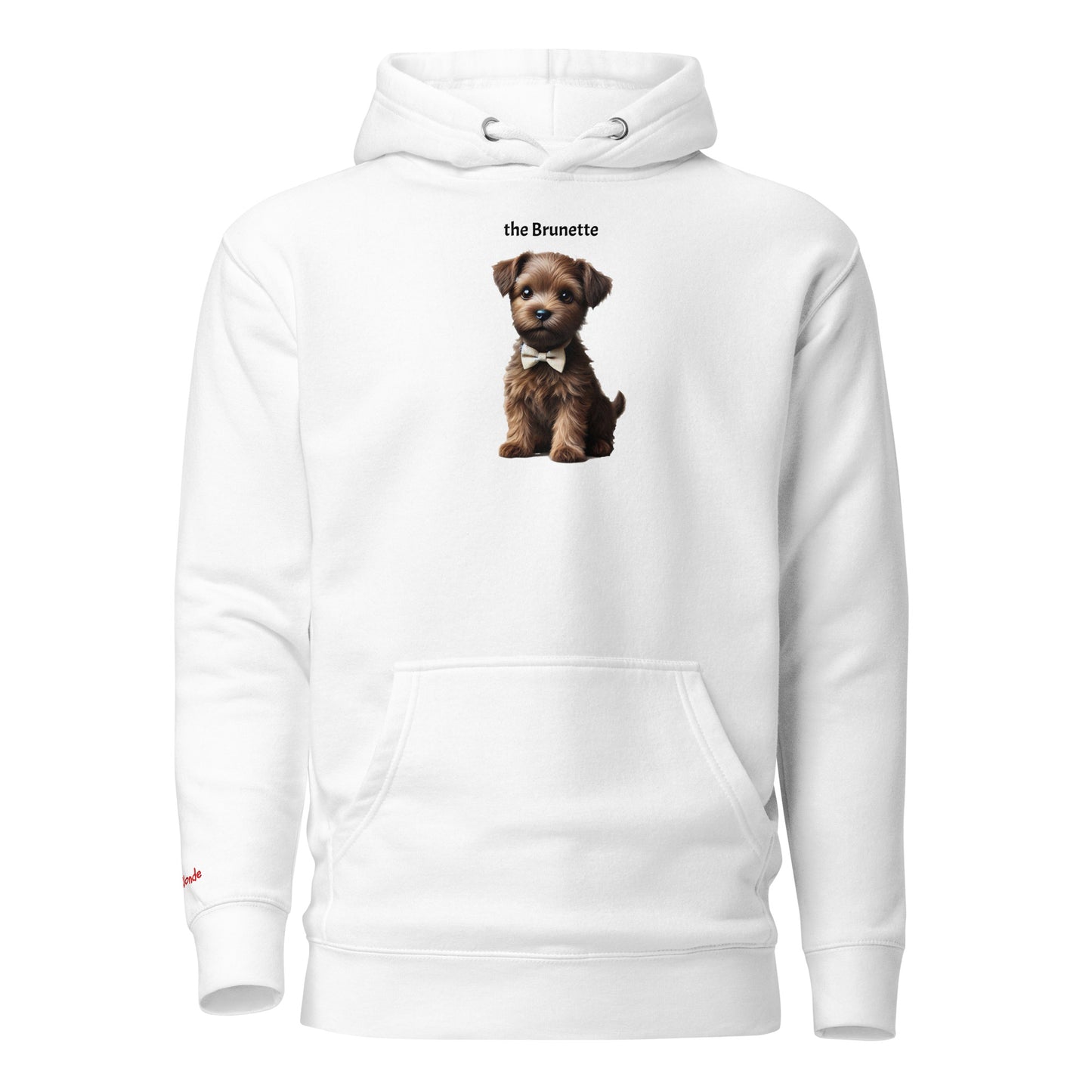 Flatlay of white relaxed fit unisex hoodie with a cute graphic of a Brunette puppy wearing a bow-tie and the words 'the Brunette' linking to Brunette hair. Branded RedBlonde in red on inside neck and right cuff