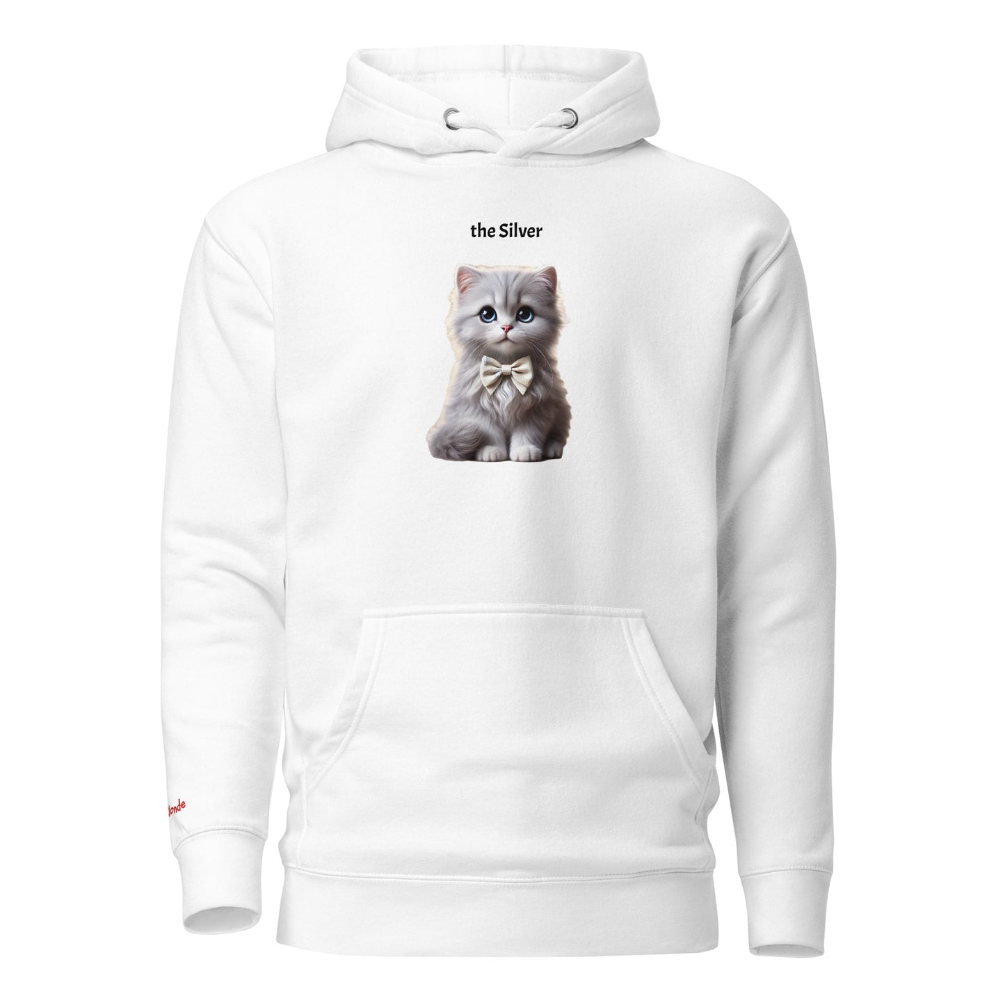 Flatlay of white relaxed fit unisex hoodie with a cute graphic of a silver kitten wearing a bow-tie and the words 'the Silver' linking to silver hair. Branded RedBlonde in red on inside neck and right cuff