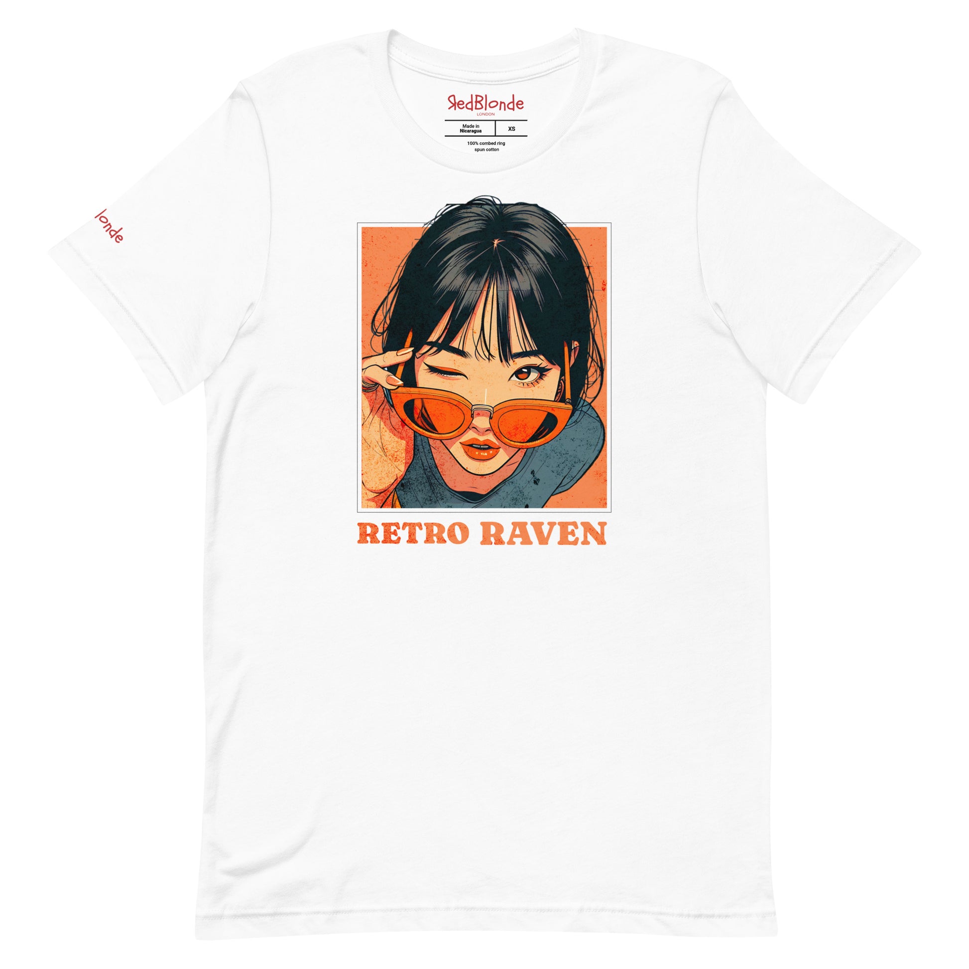 white unisex t-shirt featuring a vintage-style illustrated graphic of a woman with black hair winking while lowering orange sunglasses. The design is framed in warm retro tones with the words “RETRO RAVEN” printed below in bold orange text. The RedBlonde logo appears inside the neckline and subtly on the sleeve.