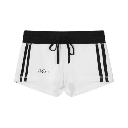 white retro track shorts with a black ribbed waistband, black drawstring, double black side stripes, and a small RedBlonde logo on the front.