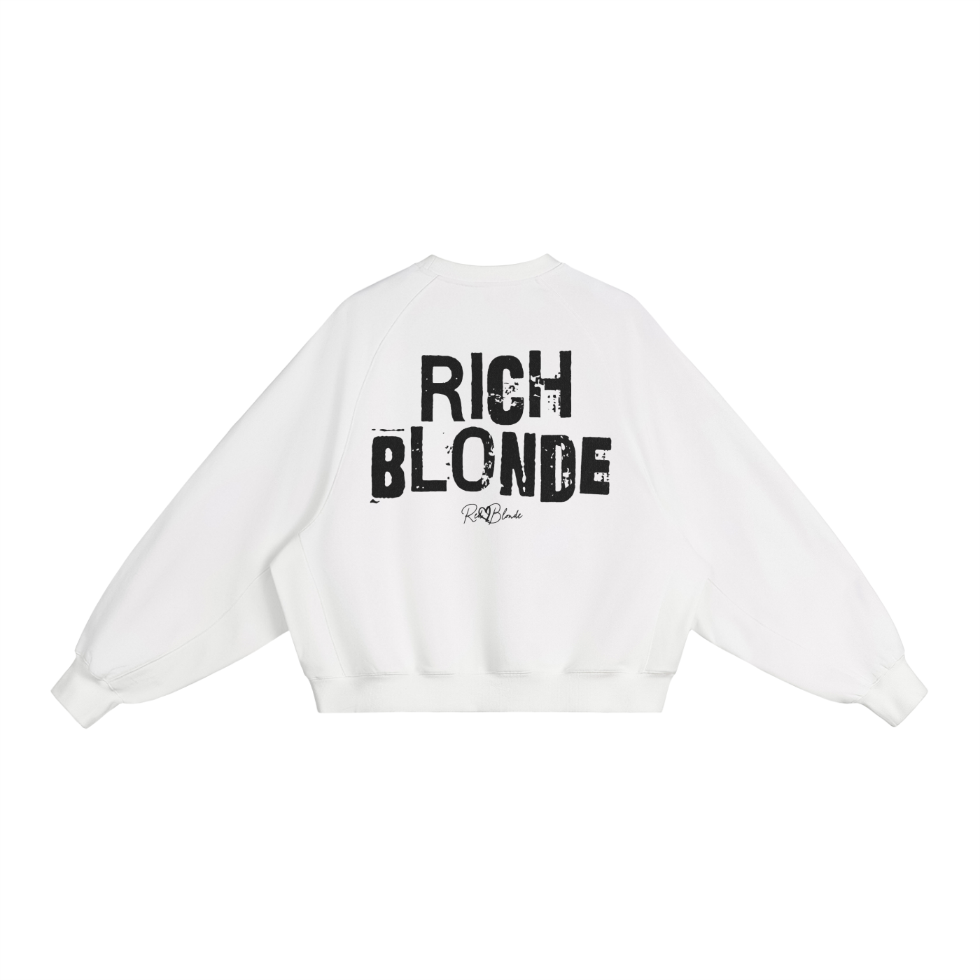 White oversized dolman-sleeve sweatshirt shown from the back on a plain white background. It has a boxy, relaxed fit with dropped shoulders, ribbed crew neckline, ribbed cuffs, and a ribbed hem band. Centered on the back is a distressed black “RICH BLONDE” Ed Gein graphic with a small “RedBlonde” script logo beneath.