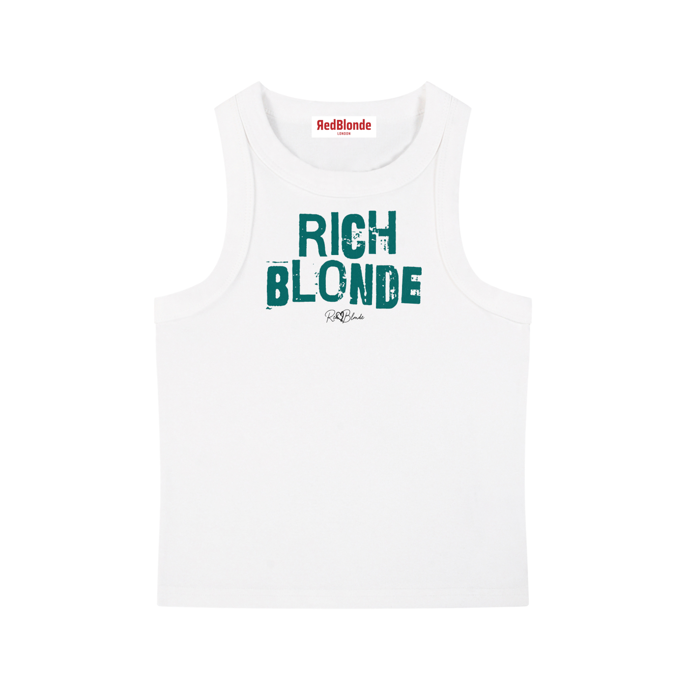 white acid-wash vintage tank top with bold dark green Ed Gein font “RICH BLONDE” slogan on the front and RedBlonde logo beneath.