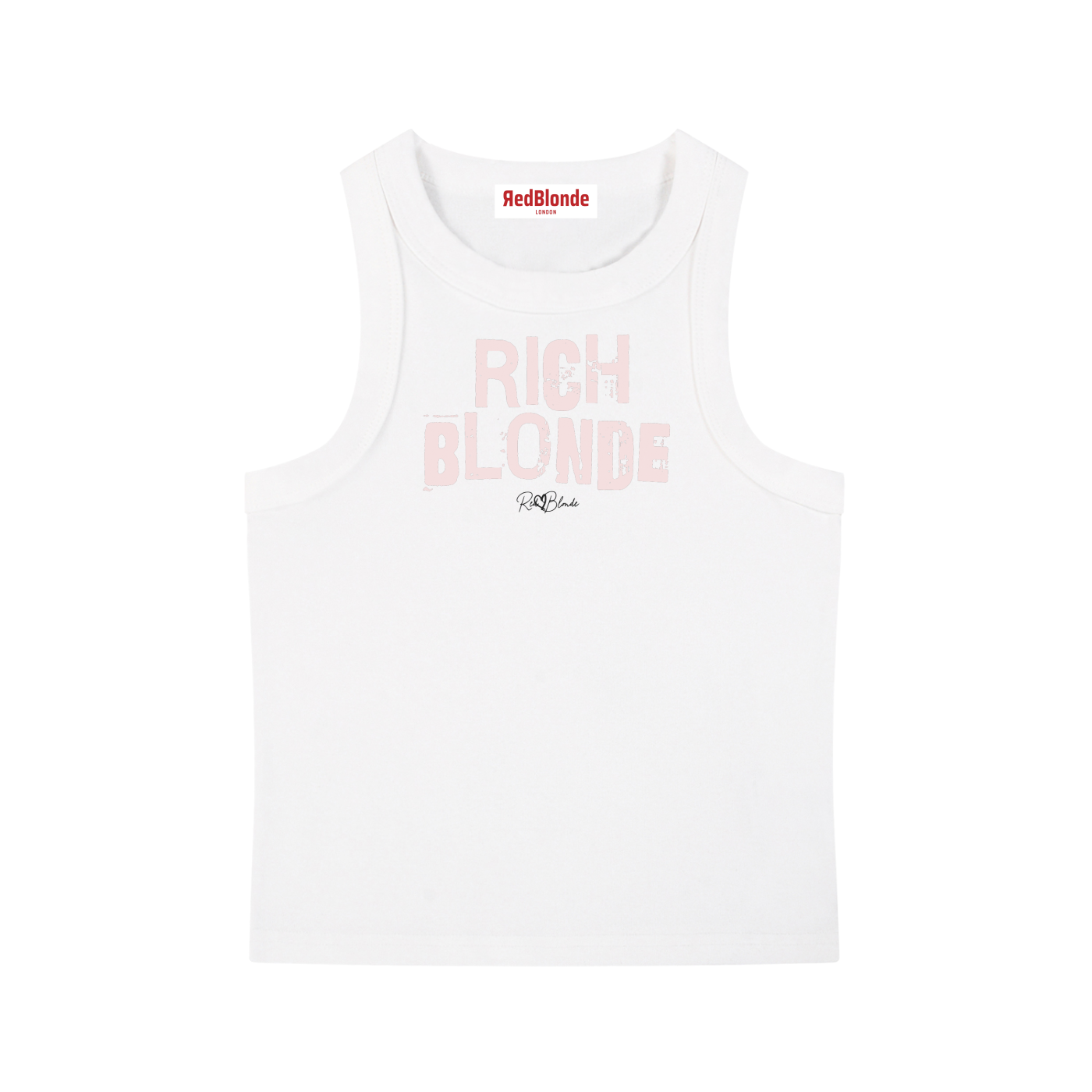 white acid-wash vintage tank top with pale pink Ed Gein font “RICH BLONDE” slogan on the front and RedBlonde logo beneath.