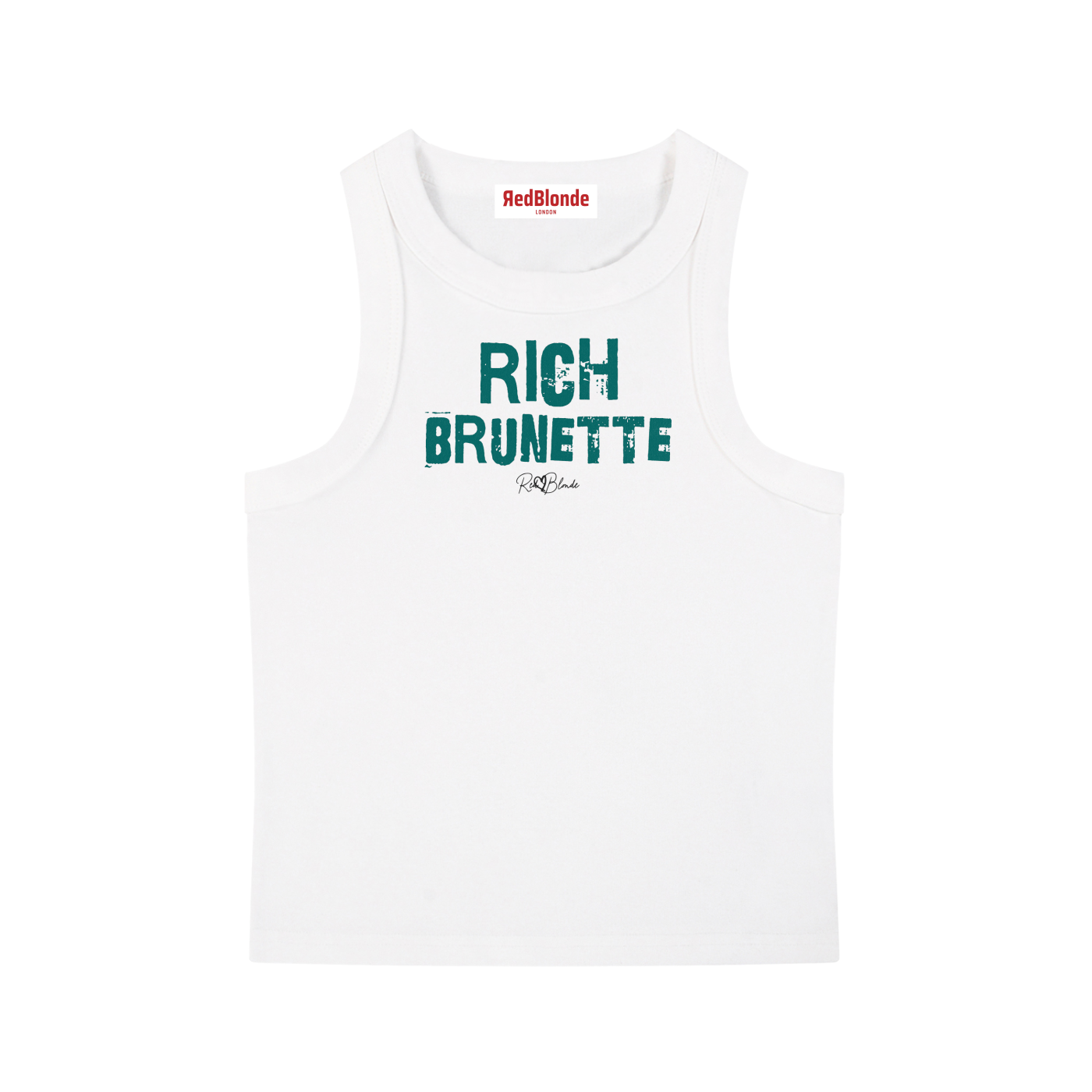 White acid-wash vintage tank top with bold green Ed Gein font “RICH Brunette" slogan on the front and RedBlonde logo beneath.