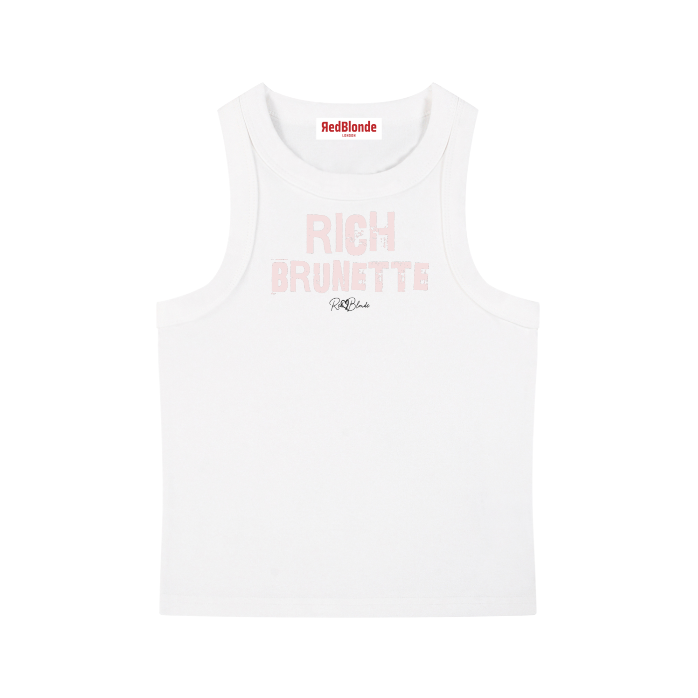 White acid-wash vintage tank top with bold pale pink Ed Gein font “RICH Brunette" slogan on the front and RedBlonde logo beneath.