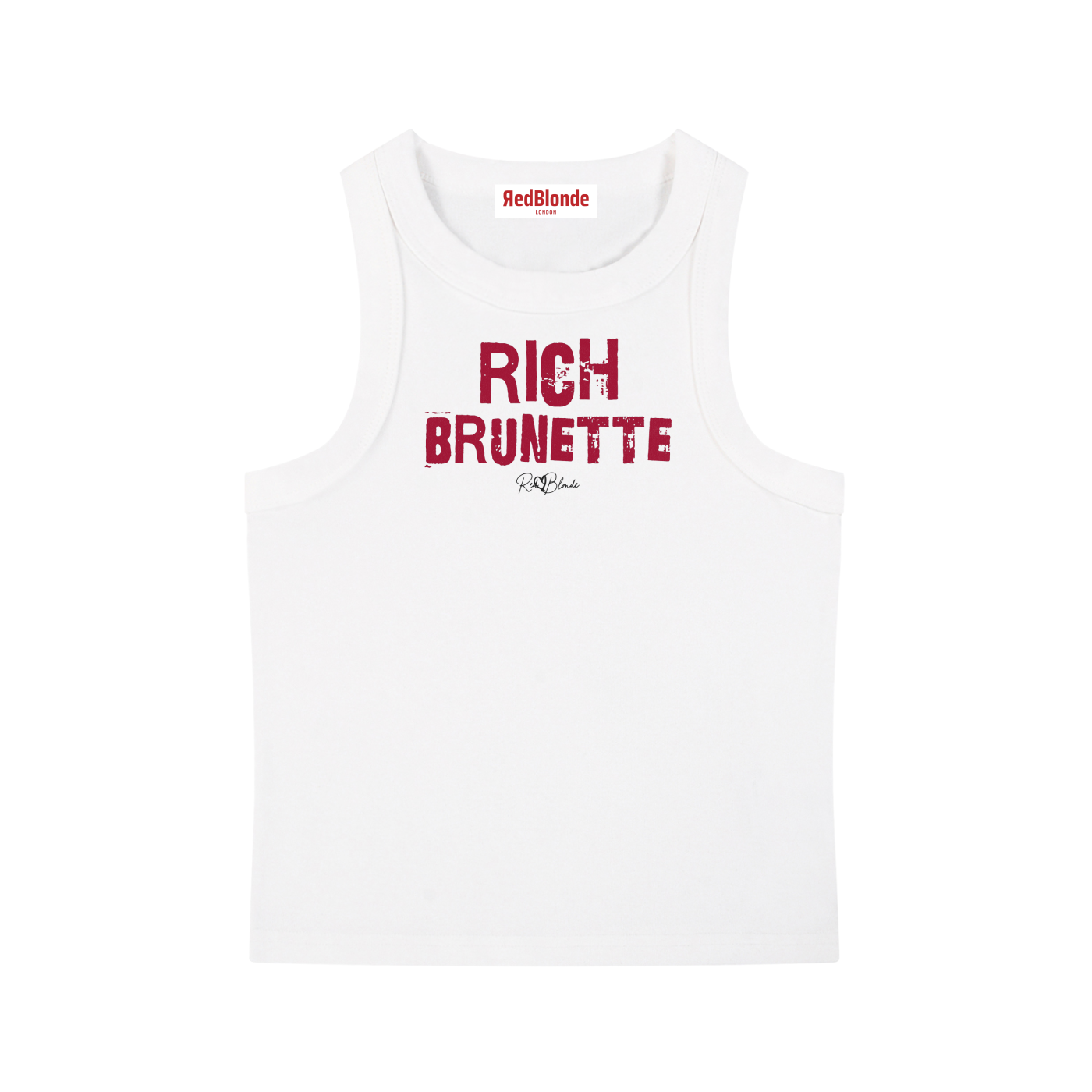 White acid-wash vintage tank top with bold red Ed Gein font “RICH Brunette" slogan on the front and RedBlonde logo beneath.