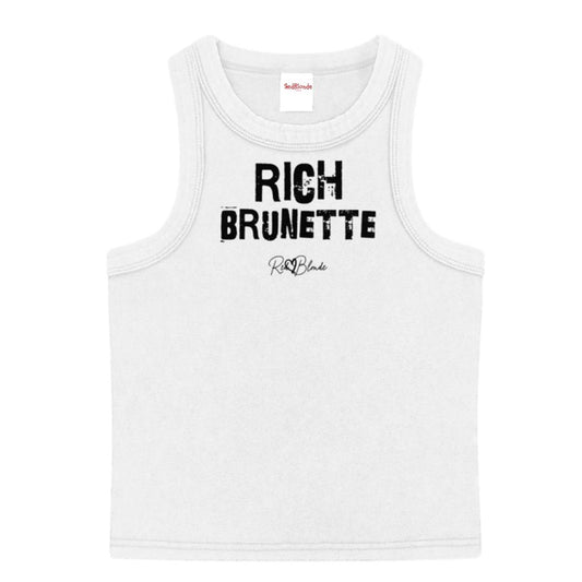 White acid-wash vintage tank top with bold black Ed Gein font “RICH Brunette" slogan on the front and RedBlonde logo beneath.