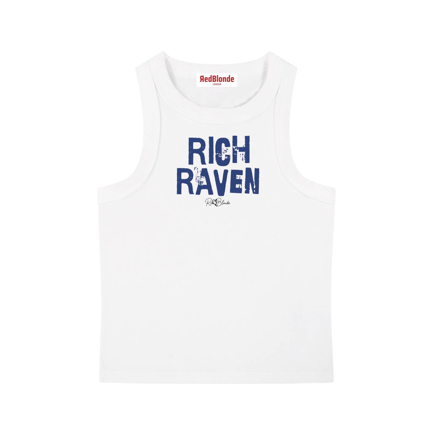 white acid-wash vintage tank top with bold blue Ed Gein font “RICH RAVEN" slogan on the front and RedBlonde logo beneath.