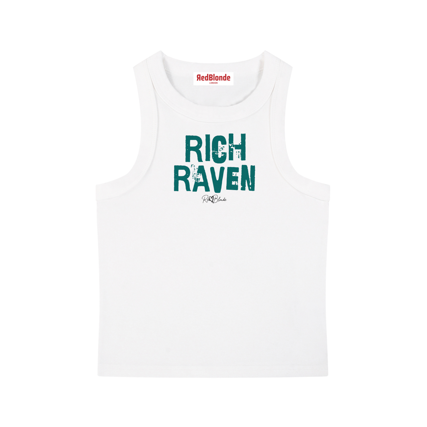 white acid-wash vintage tank top with bold green Ed Gein font “RICH RAVEN" slogan on the front and RedBlonde logo beneath.
