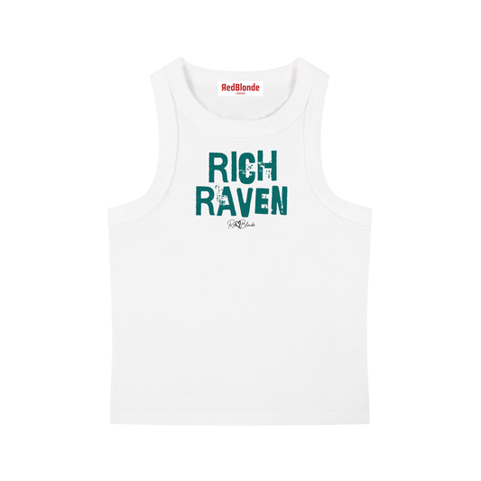 white acid-wash vintage tank top with bold green Ed Gein font “RICH RAVEN" slogan on the front and RedBlonde logo beneath.
