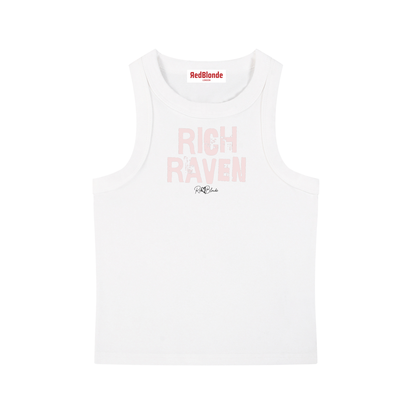 white acid-wash vintage tank top with bold pale pink Ed Gein font “RICH RAVEN" slogan on the front and RedBlonde logo beneath.