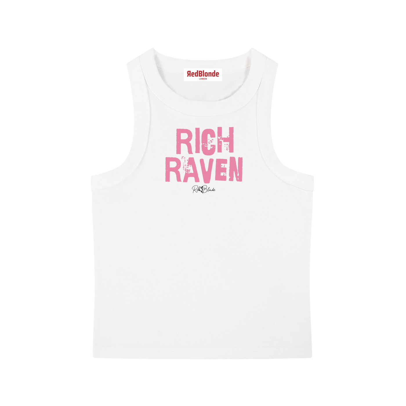 white acid-wash vintage tank top with bold pink Ed Gein font “RICH RAVEN" slogan on the front and RedBlonde logo beneath.