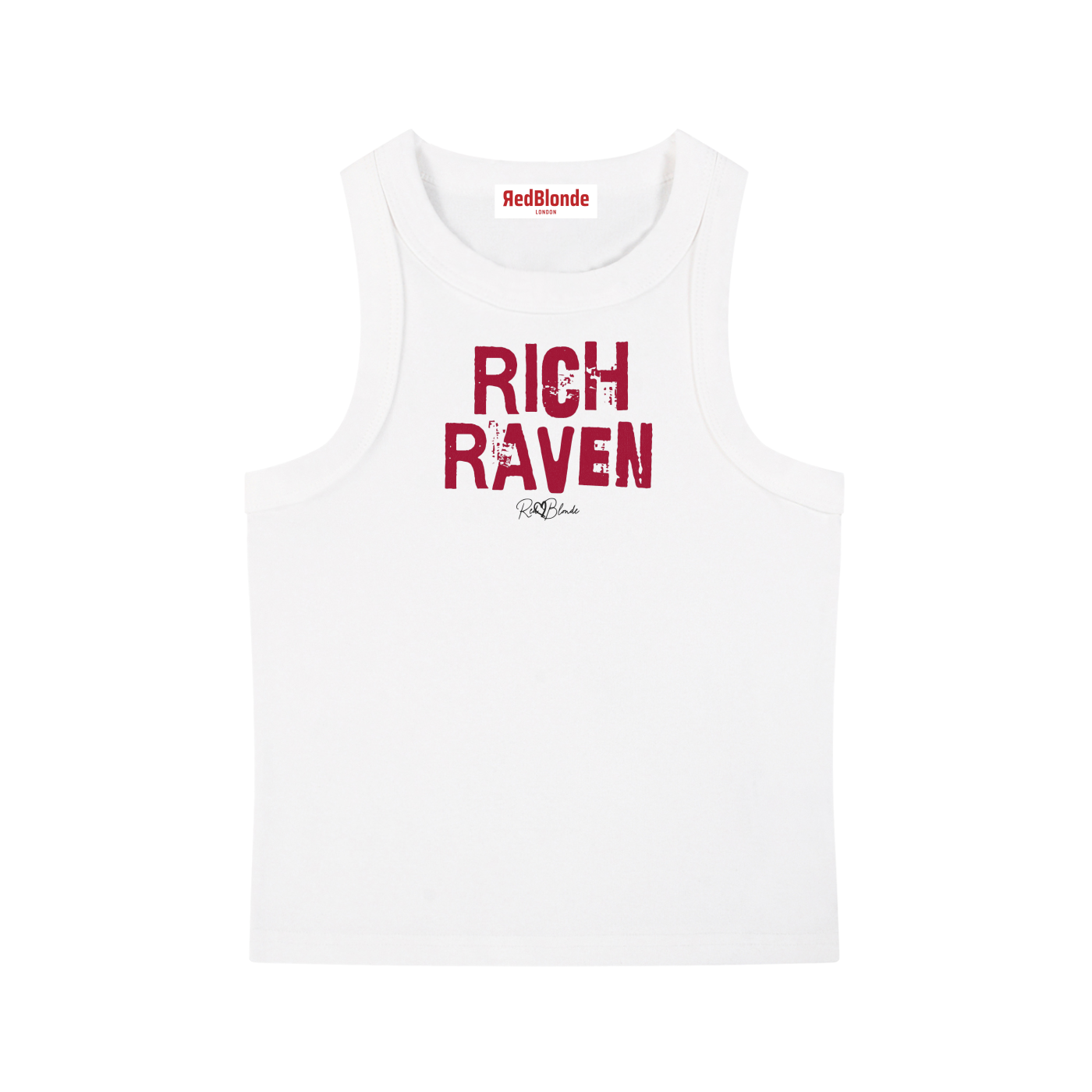 white acid-wash vintage tank top with bold red Ed Gein font “RICH RAVEN" slogan on the front and RedBlonde logo beneath.
