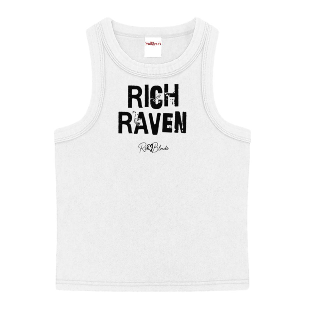 White acid-wash vintage tank top with bold black Ed Gein font “RICH RAVEN" slogan on the front and RedBlonde logo beneath.