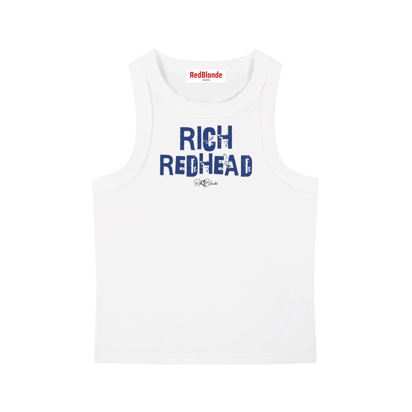 White acid-wash vintage tank top with bold dark blue Ed Gein font “RICH REDHEAD" slogan on the front and RedBlonde logo beneath.