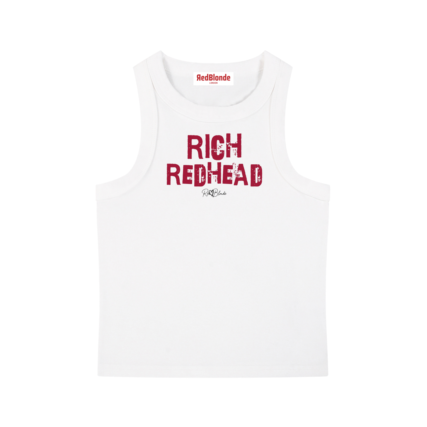 White acid-wash vintage tank top with bold red Ed Gein font “RICH REDHEAD" slogan on the front and RedBlonde logo beneath.