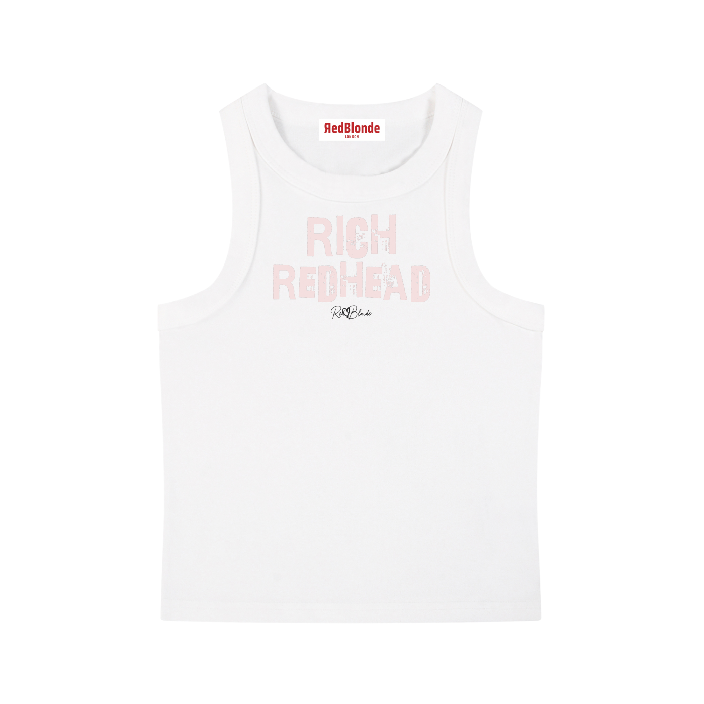 White acid-wash vintage tank top with bold pale pink Ed Gein font “RICH REDHEAD" slogan on the front and RedBlonde logo beneath.