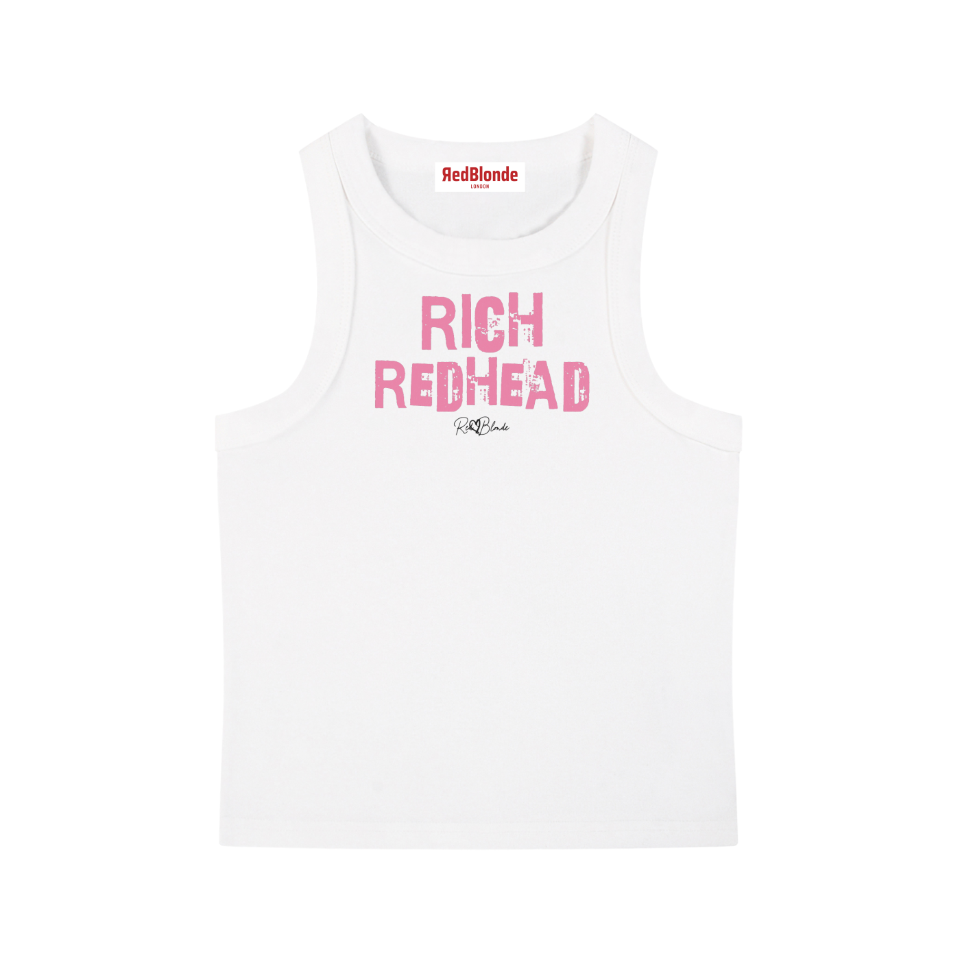White acid-wash vintage tank top with bold pink Ed Gein font “RICH REDHEAD" slogan on the front and RedBlonde logo beneath.