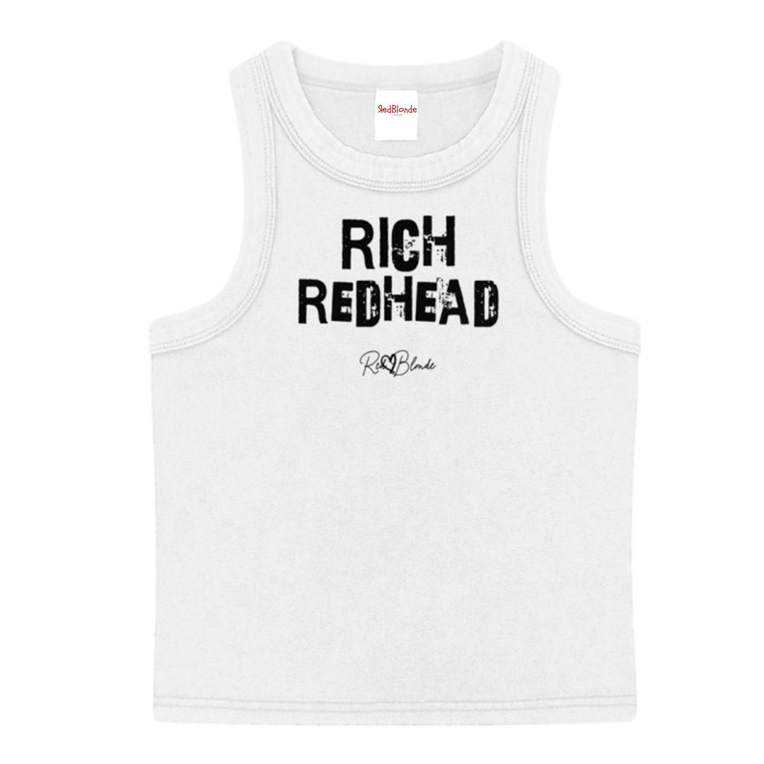 White acid-wash vintage tank top with bold black Ed Gein font “RICH REDHEAD" slogan on the front and RedBlonde logo beneath.