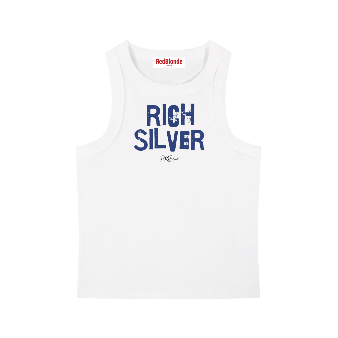 White acid-wash vintage tank top with bold blue Ed Gein font “RICH SILVER" slogan on the front and RedBlonde logo beneath.