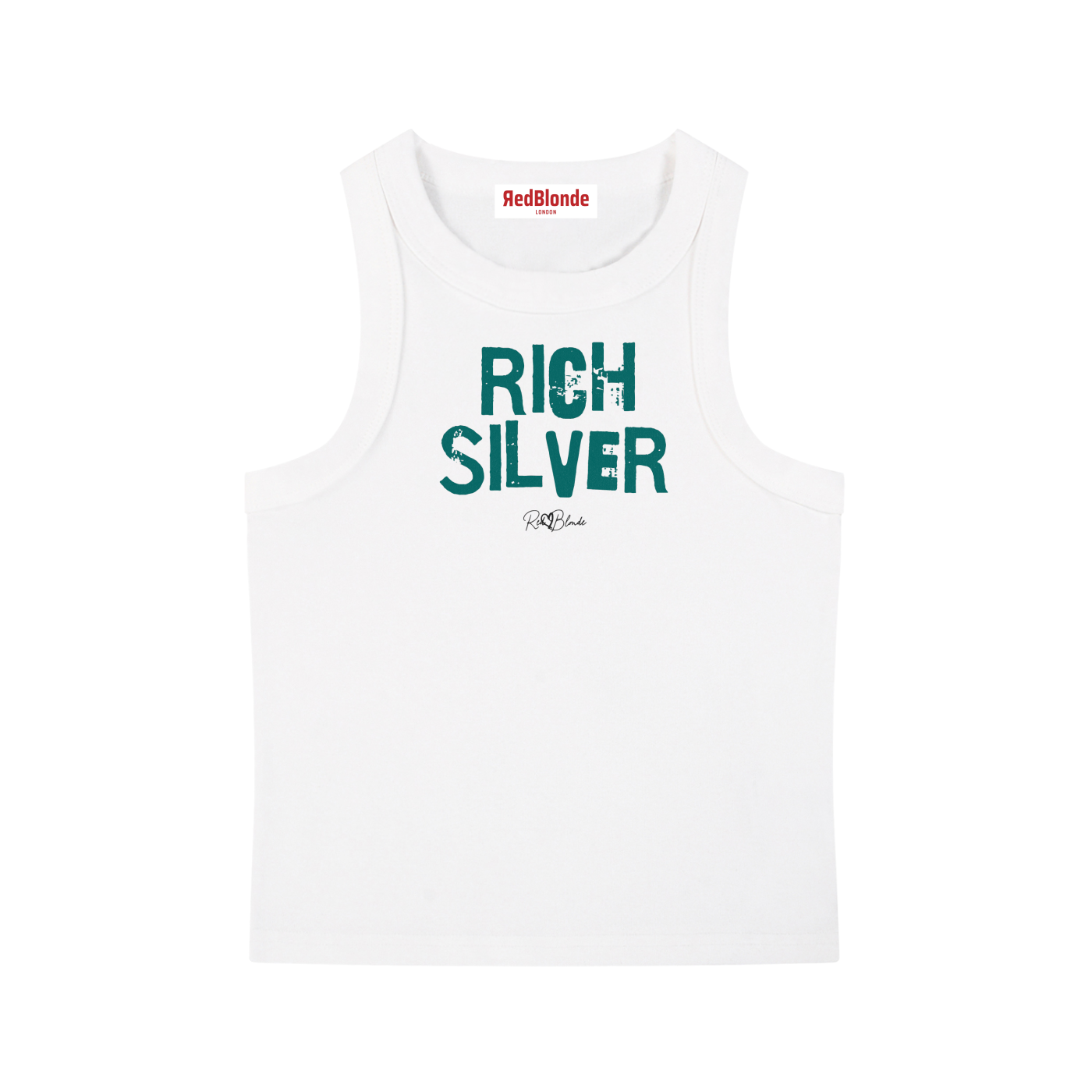 White acid-wash vintage tank top with bold green Ed Gein font “RICH SILVER" slogan on the front and RedBlonde logo beneath.