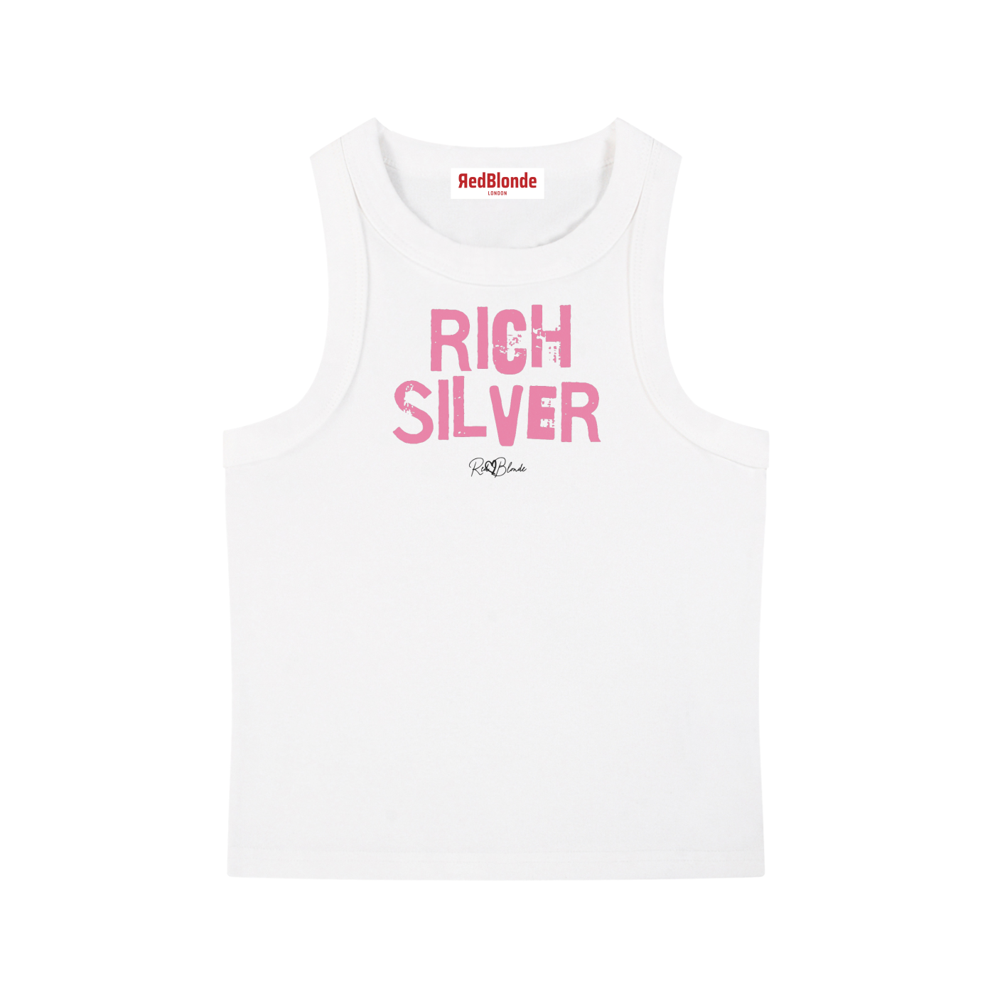 White acid-wash vintage tank top with bold pink Ed Gein font “RICH SILVER" slogan on the front and RedBlonde logo beneath.