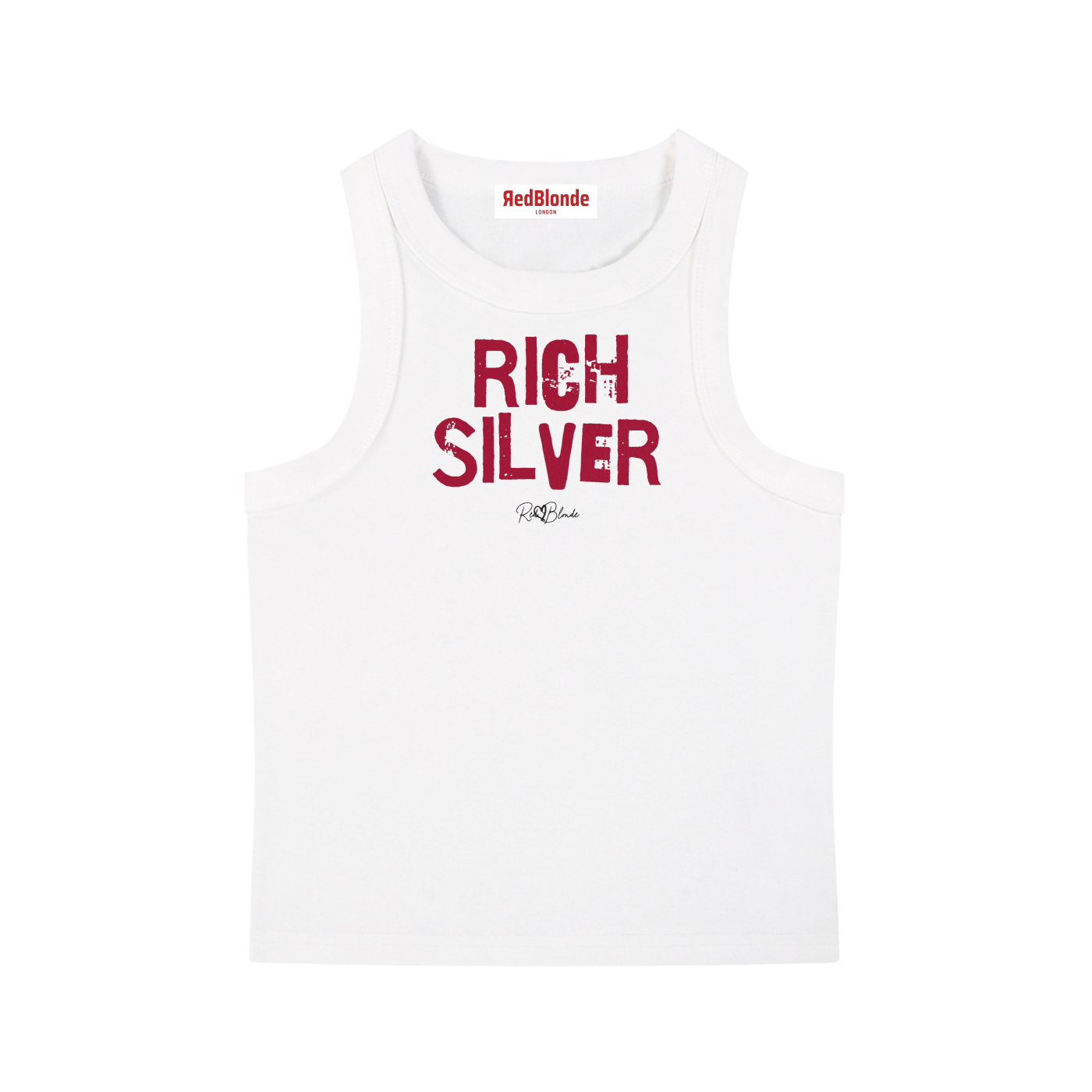 White acid-wash vintage tank top with bold red Ed Gein font “RICH SILVER" slogan on the front and RedBlonde logo beneath.