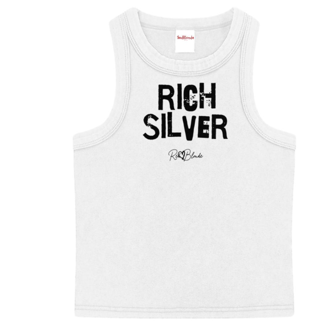 White acid-wash vintage tank top with bold black Ed Gein font “RICH SILVER" slogan on the front and RedBlonde logo beneath.