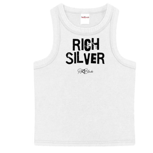 White acid-wash vintage tank top with bold black Ed Gein font “RICH SILVER" slogan on the front and RedBlonde logo beneath.