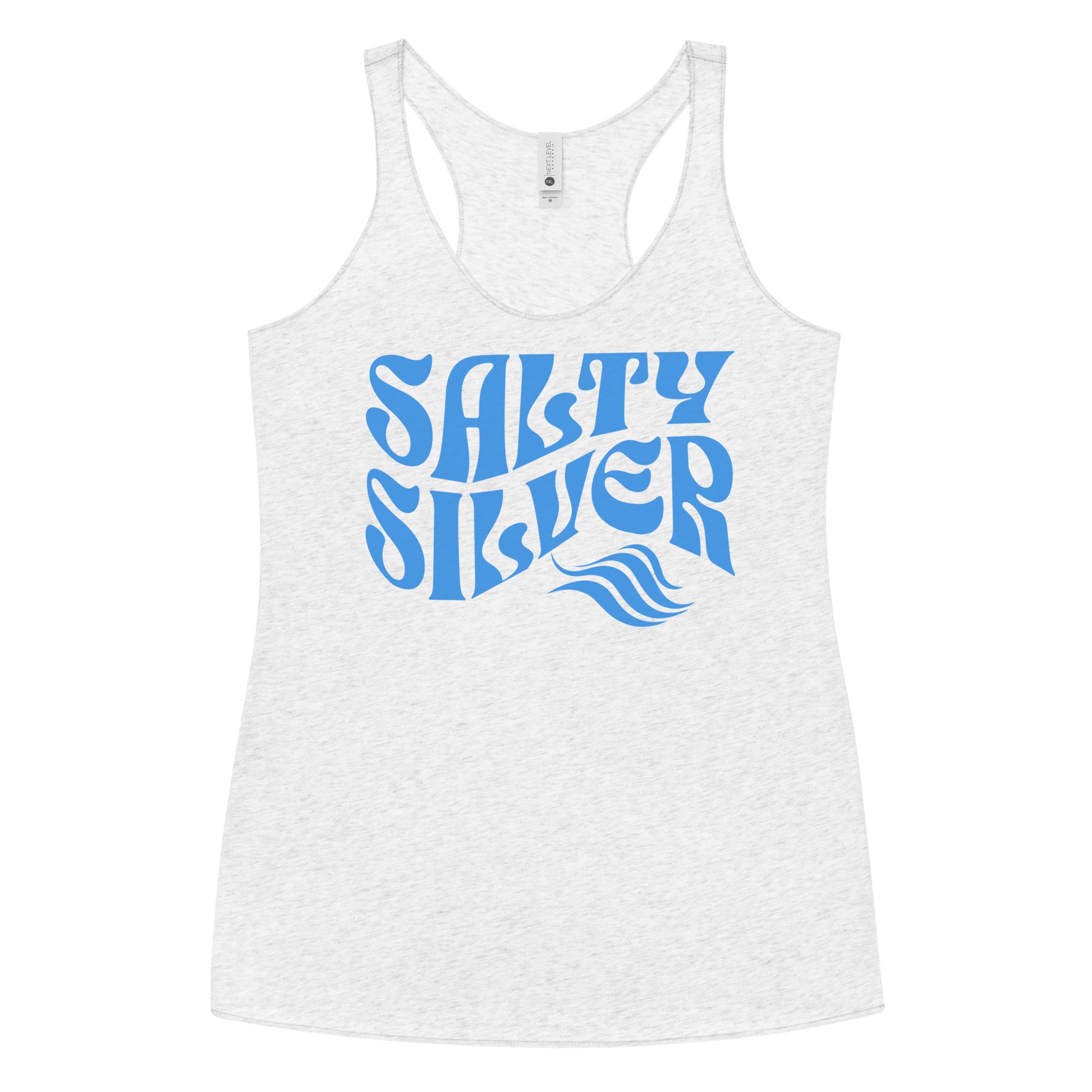 Flatlay of a white soft racerback tank t-shirt with 'Salty Silver' play on words slogan in blue retro Solino Display wavy 70s font.  Branded RedBlonde London on reverse