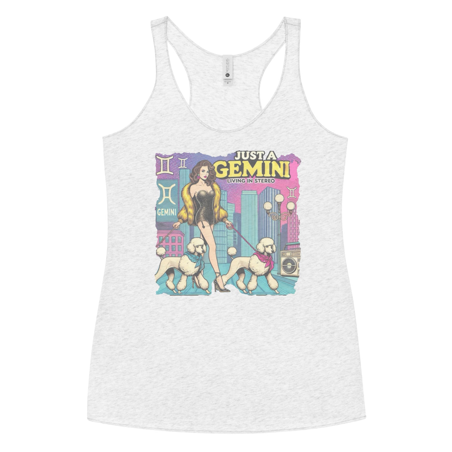 Flatlay of a heather white soft racerback tank t-shirt with a retro pop-art brunette Gemini graphic featuring a brunette woman, in a short catsuit and fur coat walking two poodle dogs with neck scarfs with a city backdrop and a gettoblaster ‘Just a Gemini, Living in Stereo'
