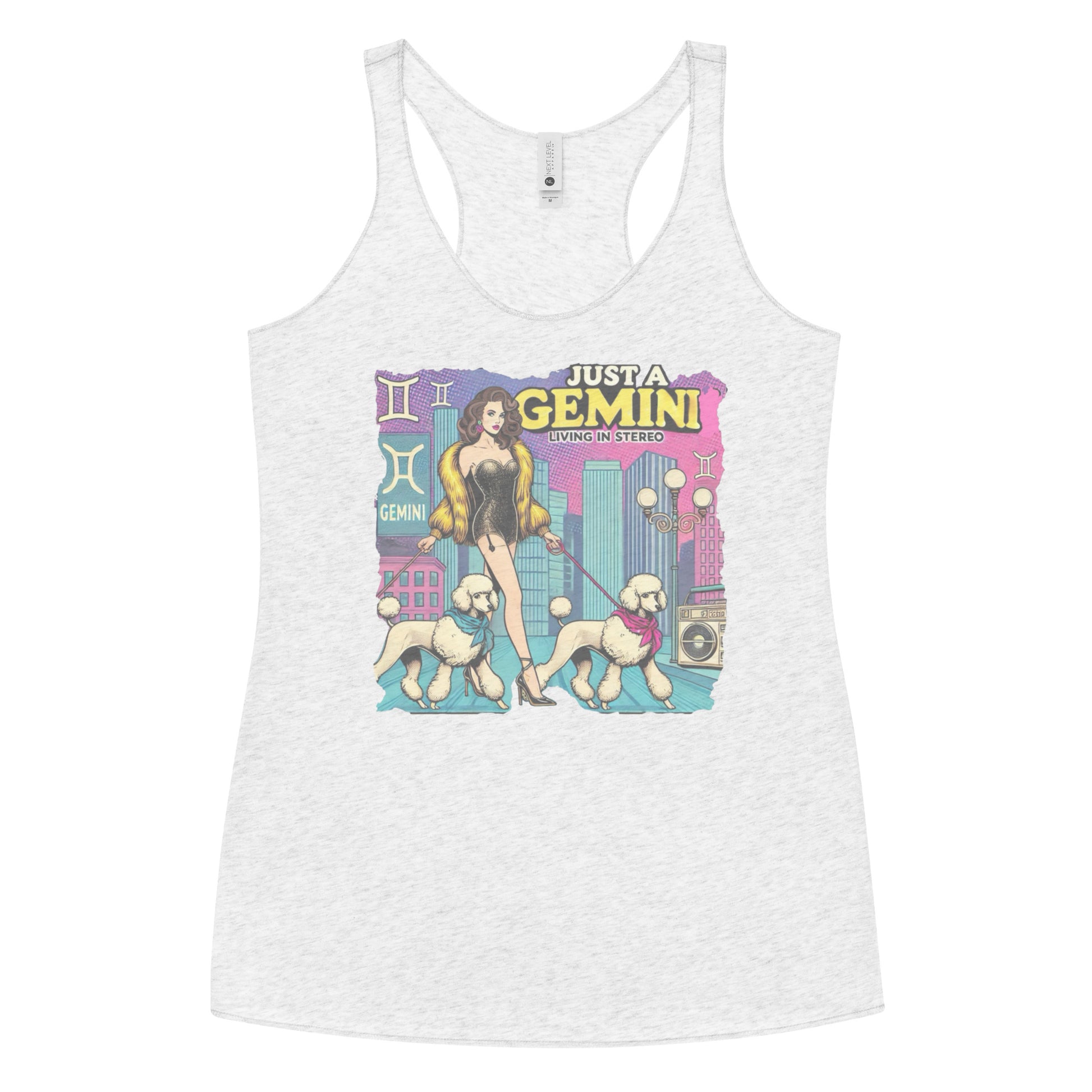 Flatlay of a heather white soft racerback tank t-shirt with a retro pop-art brunette Gemini graphic featuring a brunette woman, in a short catsuit and fur coat walking two poodle dogs with neck scarfs with a city backdrop and a gettoblaster ‘Just a Gemini, Living in Stereo'