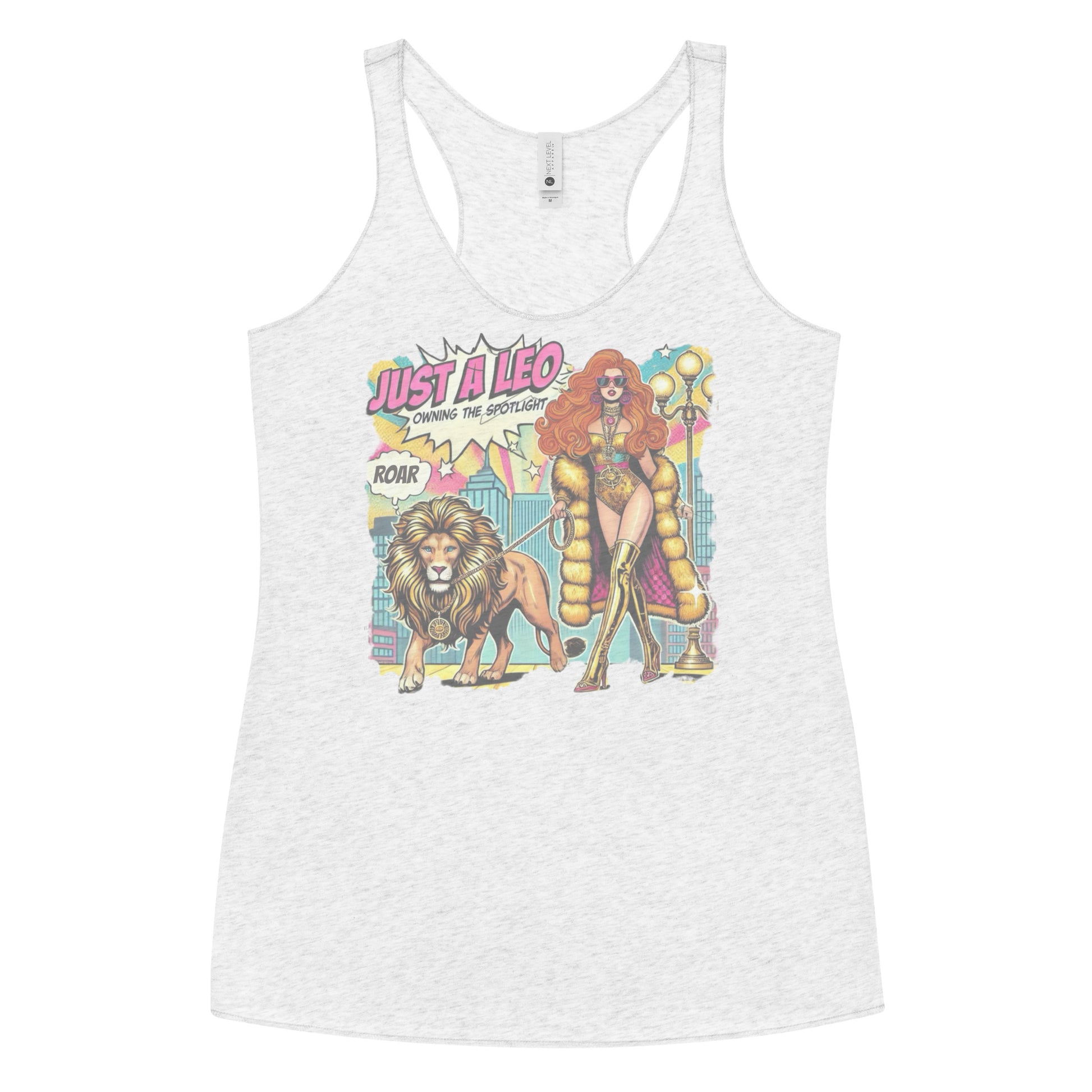 Flatlay of a heather white soft racerback tank t-shirt with a retro pop-art redhead Leo graphic featuring a redhead woman in a gold swimsuit, gold over the knee boots, gold medallion and long fur coat, walking a lion on a leash wearing a gold medallion, with a caption bubble 'Roar', with a city and round bulb street lights in the background captioned ‘Just a Leo, Owning the Spotlight' 
