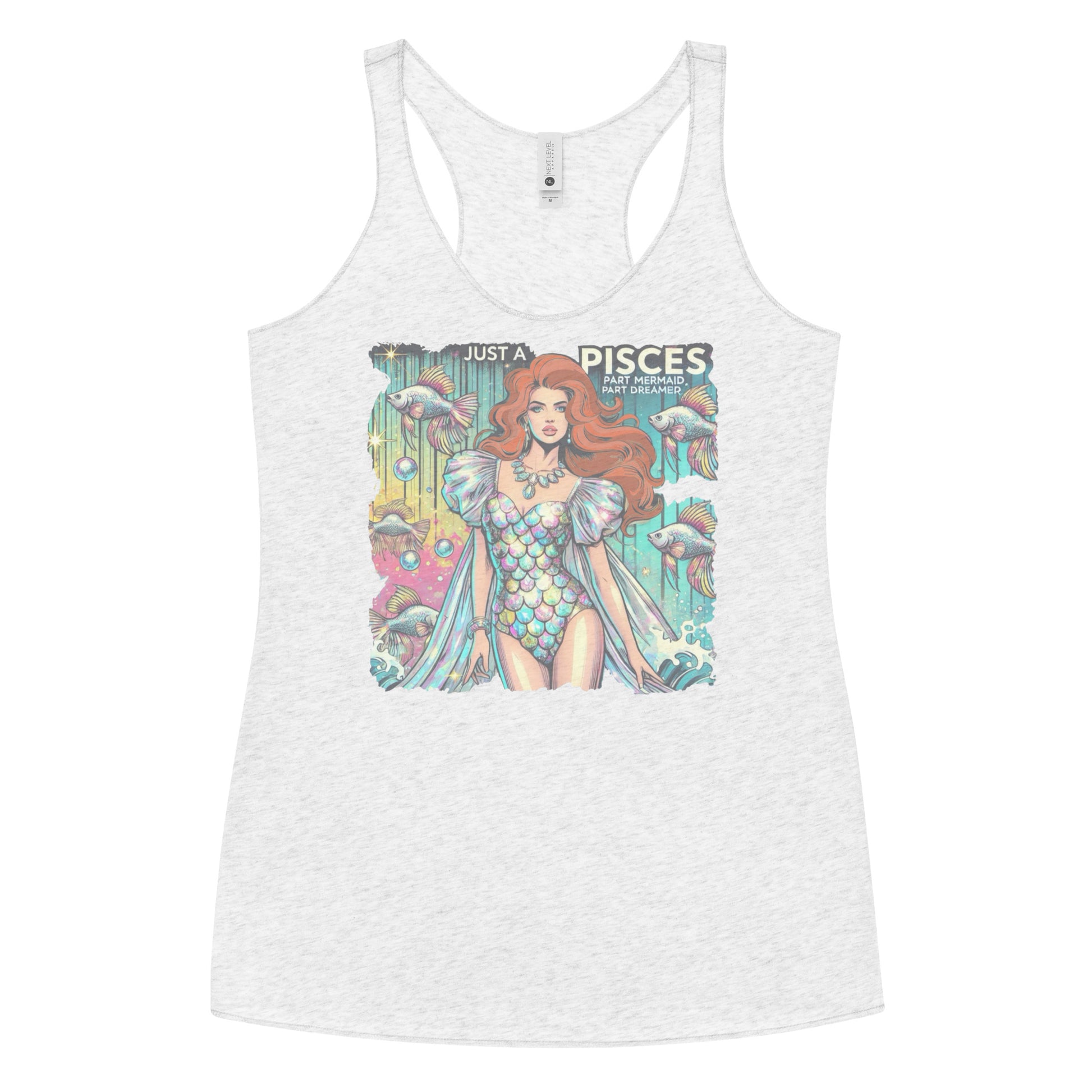 Flatlay of a heather white soft racerback tank t-shirt with a retro pop-art redhead Pisces graphic featuring a redhead woman in a fish-scale dress, with fishes and bubbles backdrop, captioned ‘Just a Pisces, Part Mermaid, Part Dreamer'
