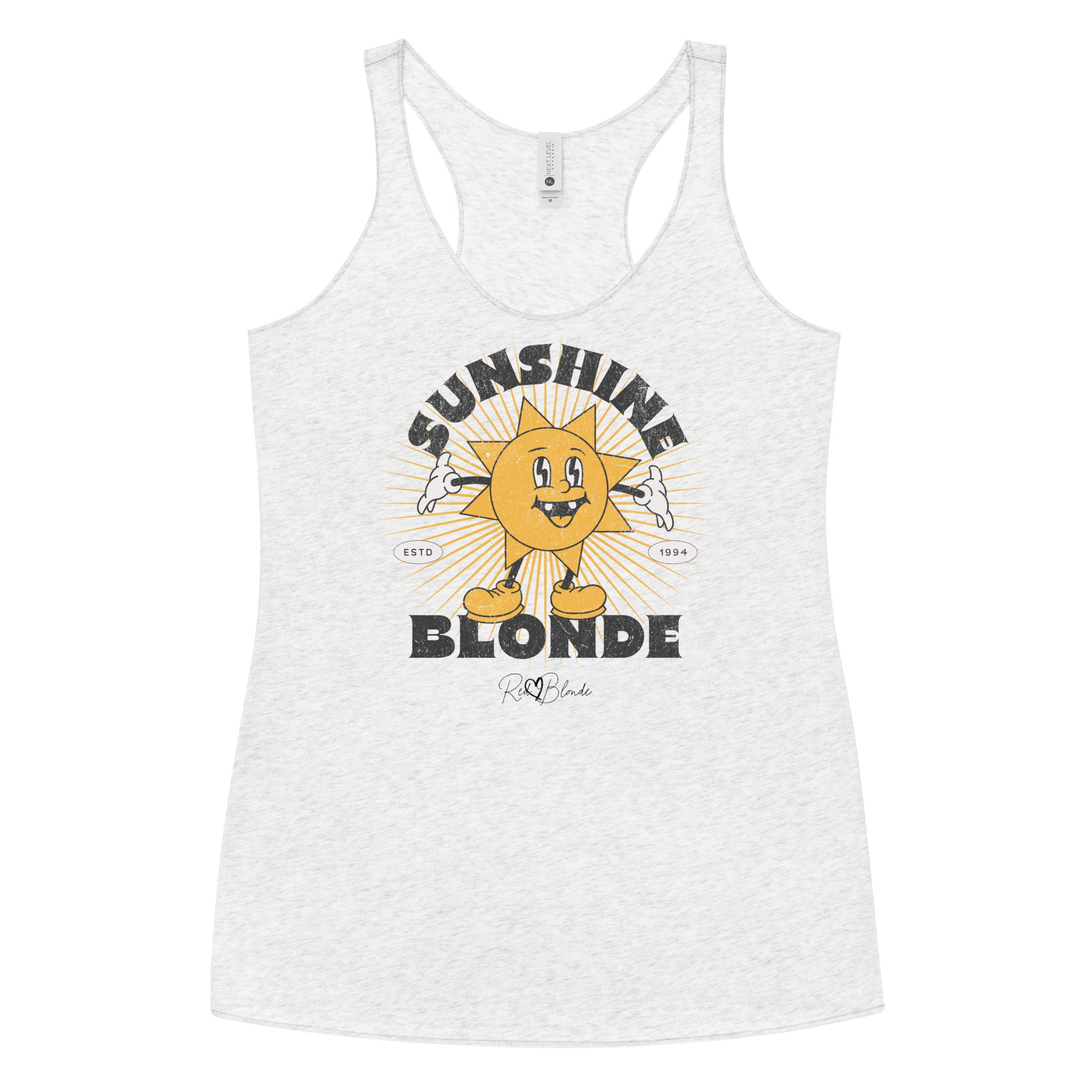 White women’s racerback tank with a retro cartoon-style yellow sun character, smiling with open arms, surrounded by radiant sunbeams. The text reads ‘Sunshine Blonde’ in bold vintage Belzebuth lettering, with small details including ‘ESTD 1994’ and the RedBlonde signature logo beneath."