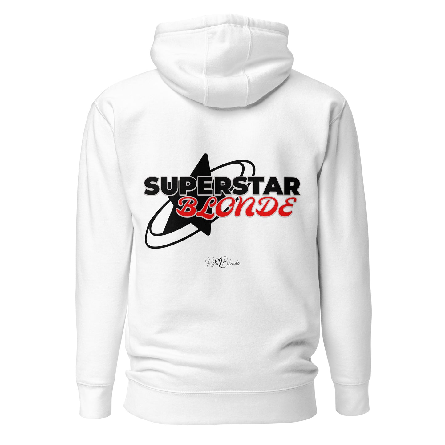 A white unisex pullover hoodie with a large back graphic design. The print features a bold white star with a swoosh around it and the words “SUPERSTAR BLONDE” in white and red retro-style Monsierrat and Molle lettering. The design also includes a small signature logo “R & B Blonde” underneath. Branded RedBlonde on inside neck and right sleeve