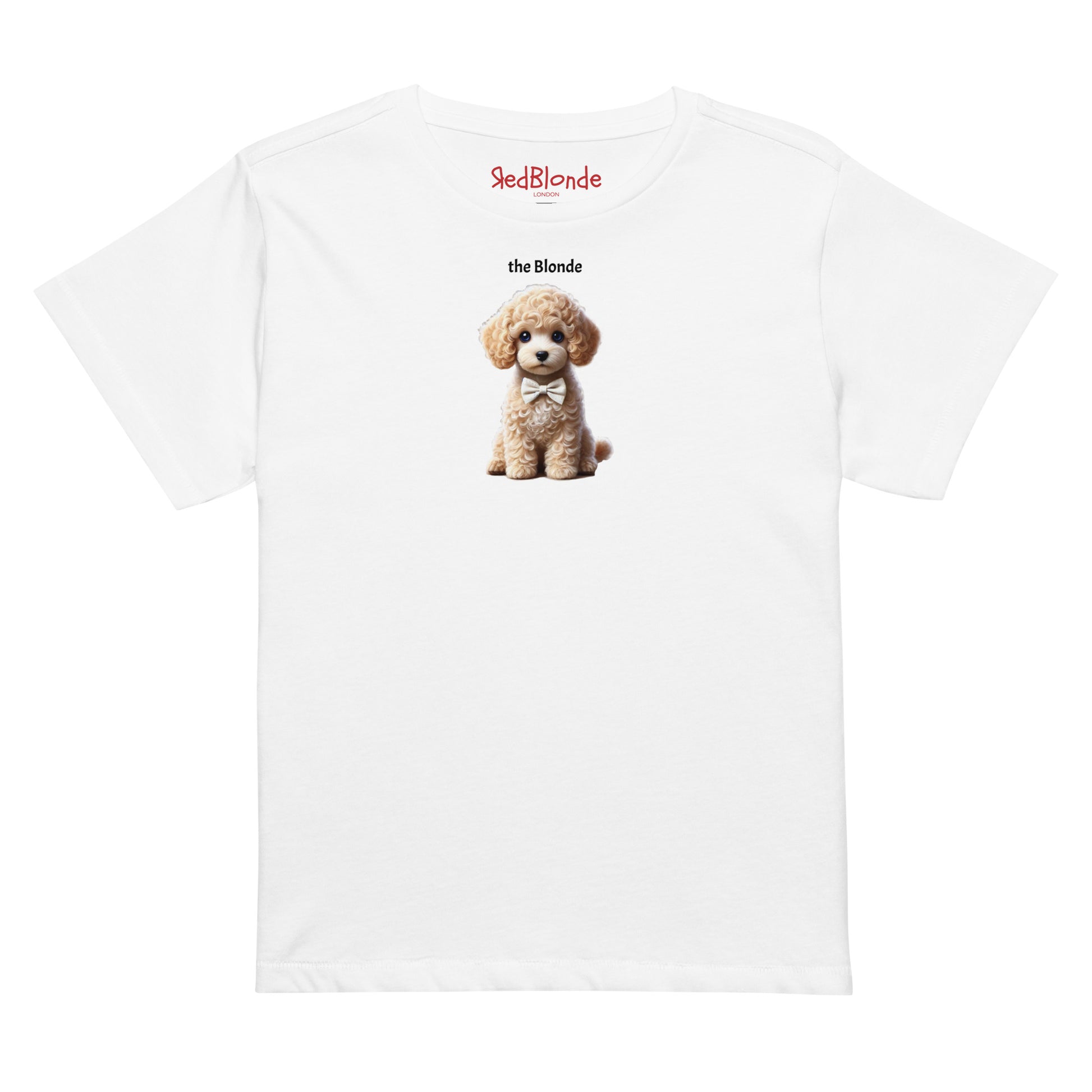 flatlay high waisted relaxed white t-shirt with cute graphic of blonde puppy wearing a bow-tie and the words 'the Blonde' linking to blonde hair mockup. Branded redblonde on inside neck and right sleeve