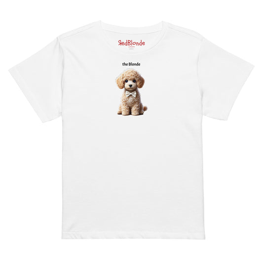 flatlay high waisted relaxed white t-shirt with cute graphic of blonde puppy wearing a bow-tie and the words 'the Blonde' linking to blonde hair mockup. Branded redblonde on inside neck and right sleeve