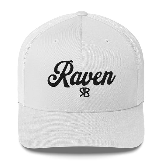 white trucker cap with 'Raven' in black adventurer 01 font on front. Branded RB