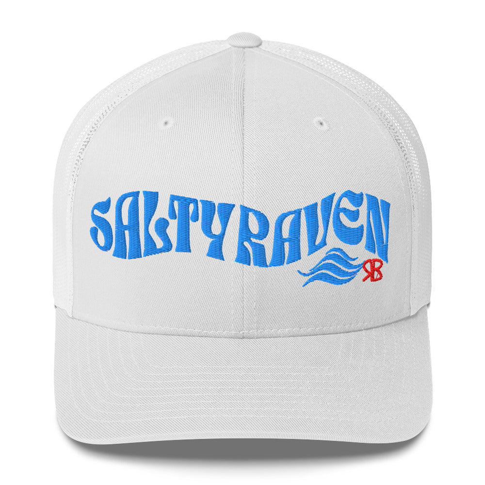 white trucker cap with 'Salty Raven' in blue Solino display font. Branded RB in red