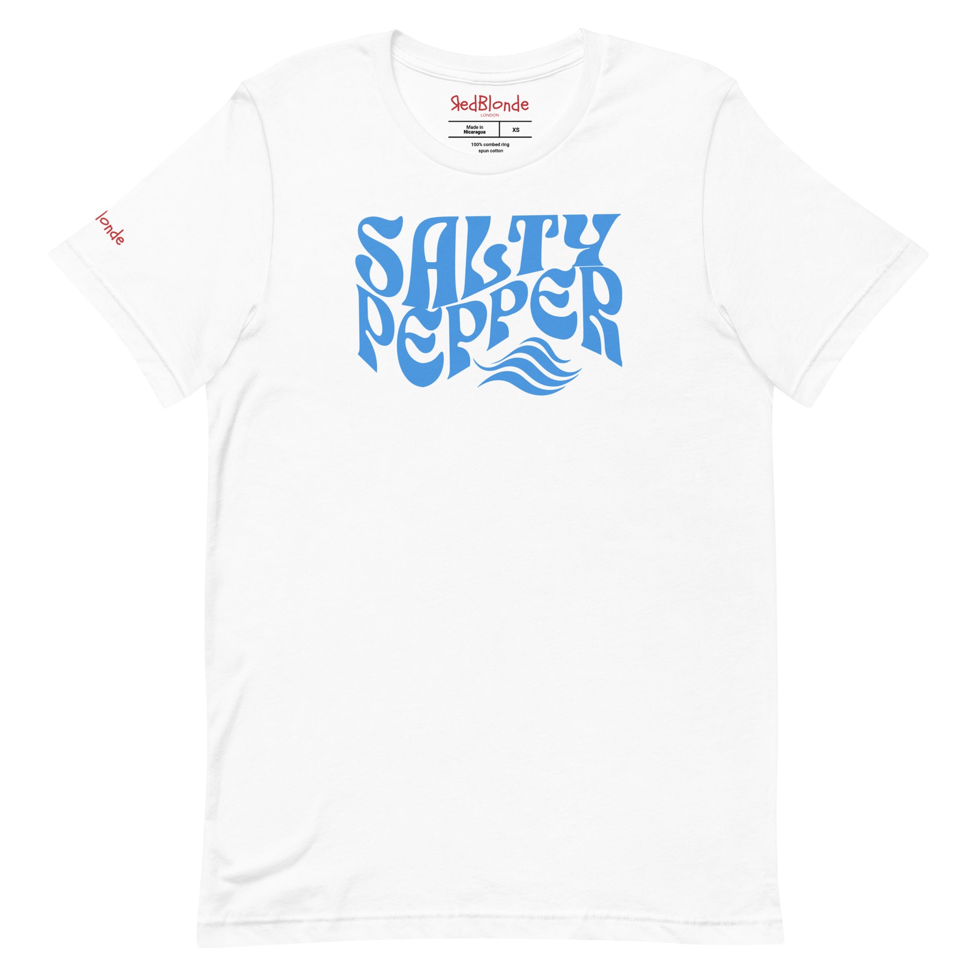 flatlay of white unisex graphic t-shirt with the slogan 'Salty Pepper' in Solino Display white retro 70s wavy font. Branded RedBlonde in red on inside neck and right sleeve