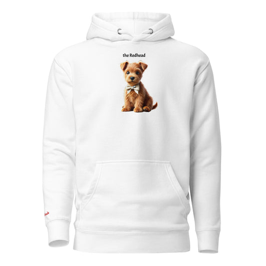 Flatlay of white relaxed fit unisex hoodie with a cute graphic of a Redhead Puppy  wearing a bow-tie and the words 'the Redhead' linking to Red hair. Branded RedBlonde in red on inside neck and right cuff