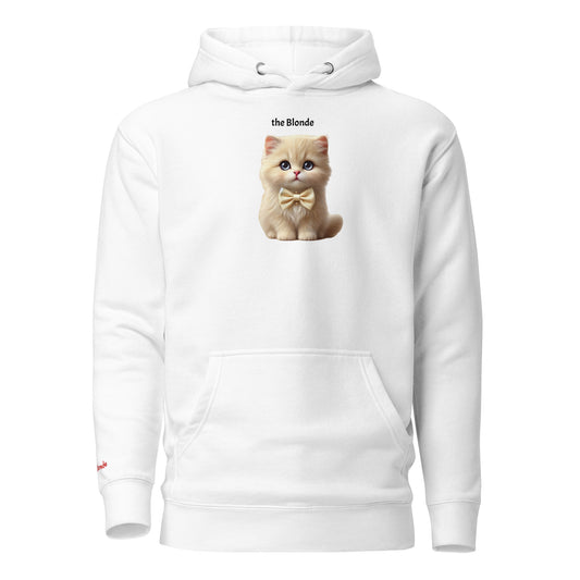 Flatlay of white relaxed fit unisex hoodie with a cute graphic of a blonde kitten wearing a bow-tie and the words 'the Blonde' linking to Blonde hair. Branded RedBlonde in red on inside neck and right cuff
