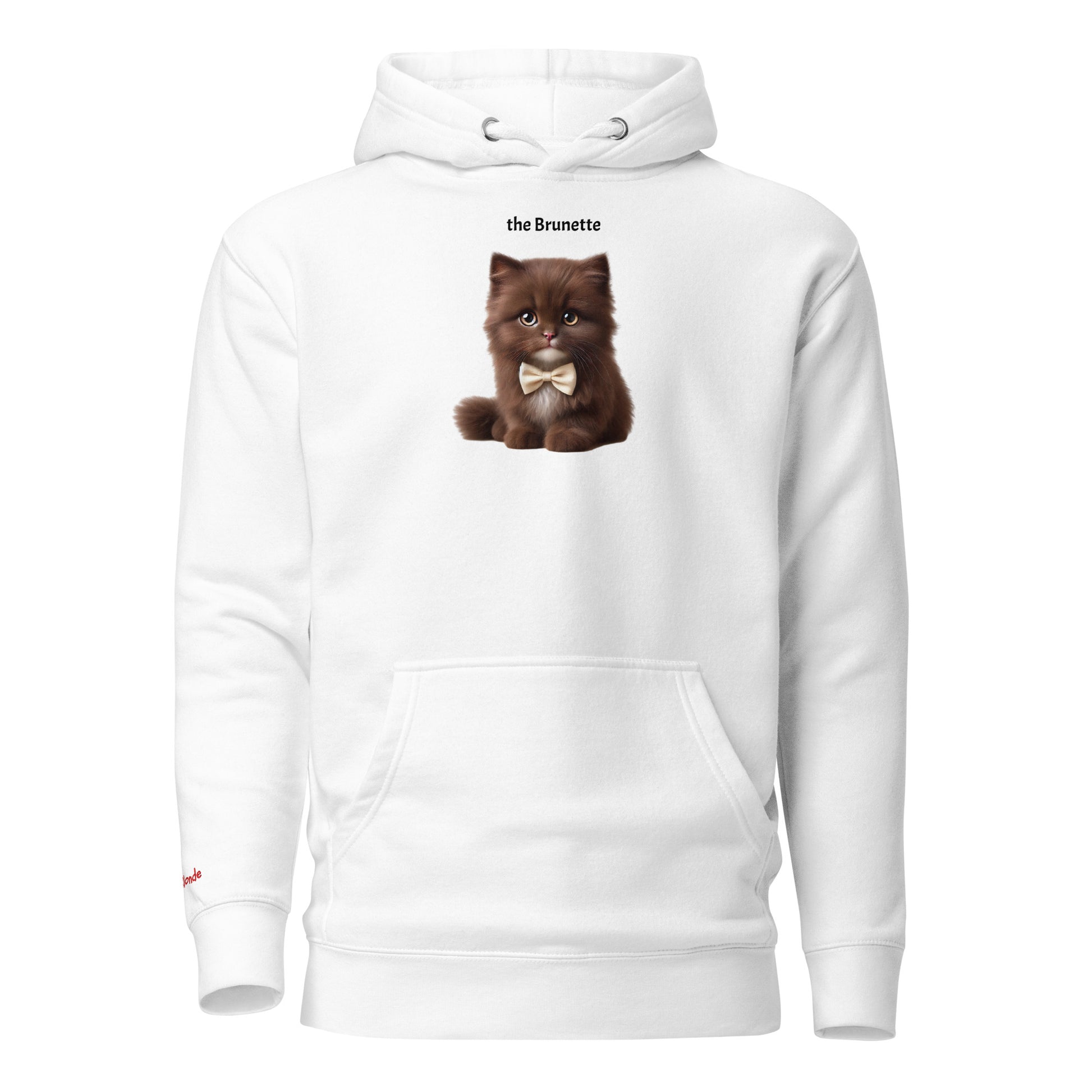 Flatlay of white relaxed fit unisex hoodie with a cute graphic of a brunette kitten wearing a bow-tie and the words 'the Brunette' linking to Brunette hair. Branded RedBlonde in red on inside neck and right cuff