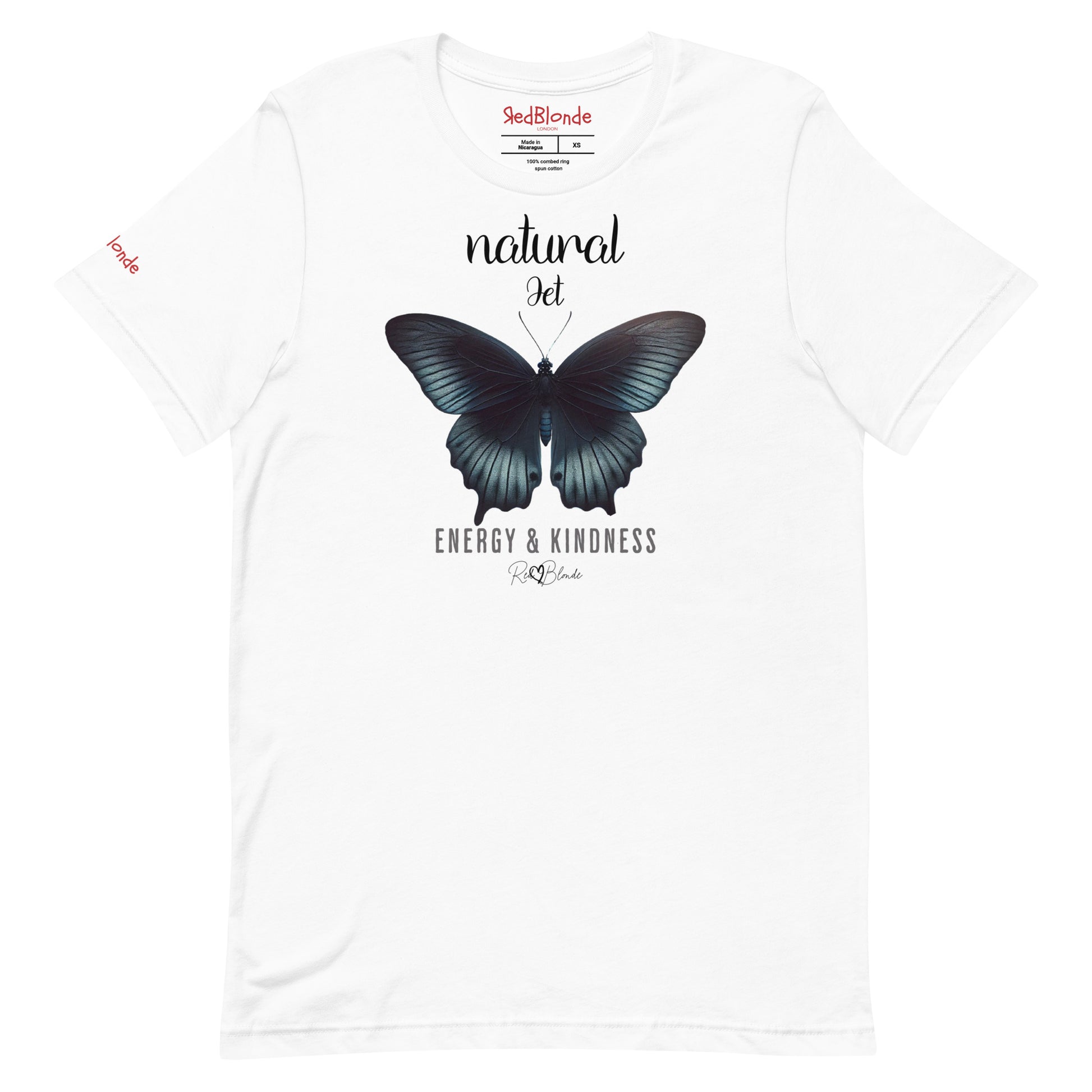 Flatlay of white unisex relaxed fit t-shirt with the words natural Jet in arionna font above a graphic of a black butterfly with 'ENERGY & KINDNESS' below in  adventurer 06 font signed off by RedBlonde. Branded RedBlonde London on inside neck and right sleeve
