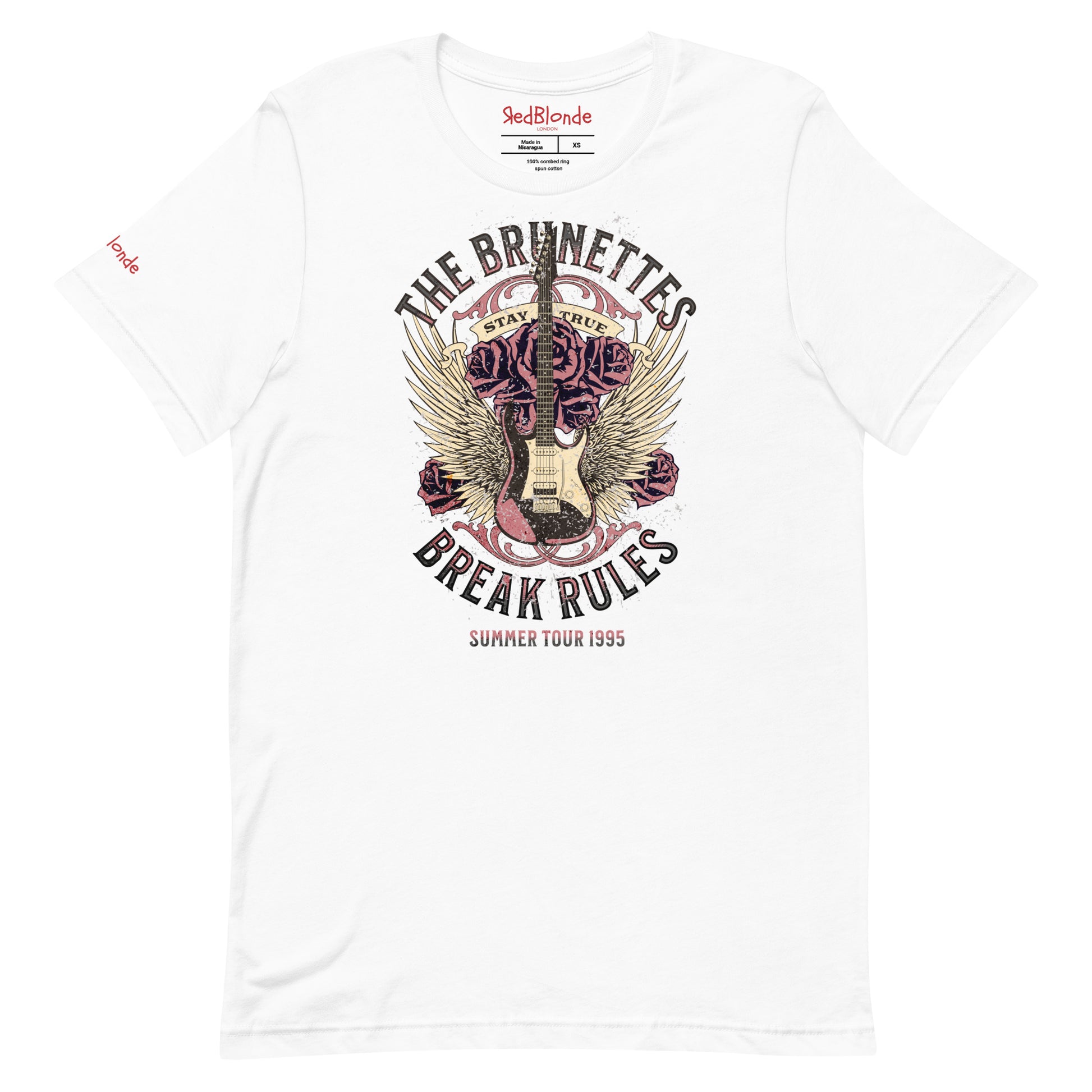 A white unisex t-shirt with a burnt pink & beige graphic of a guitar with bird wings emerging from the side. The graphic features ‘THE BRUNETTES’ in Brookfield font above the guitar, ‘STAY TRUE' across the top and 'BREAK THE RULES’ underneath. Branded RedBlonde London in inside neck and right sleeve.