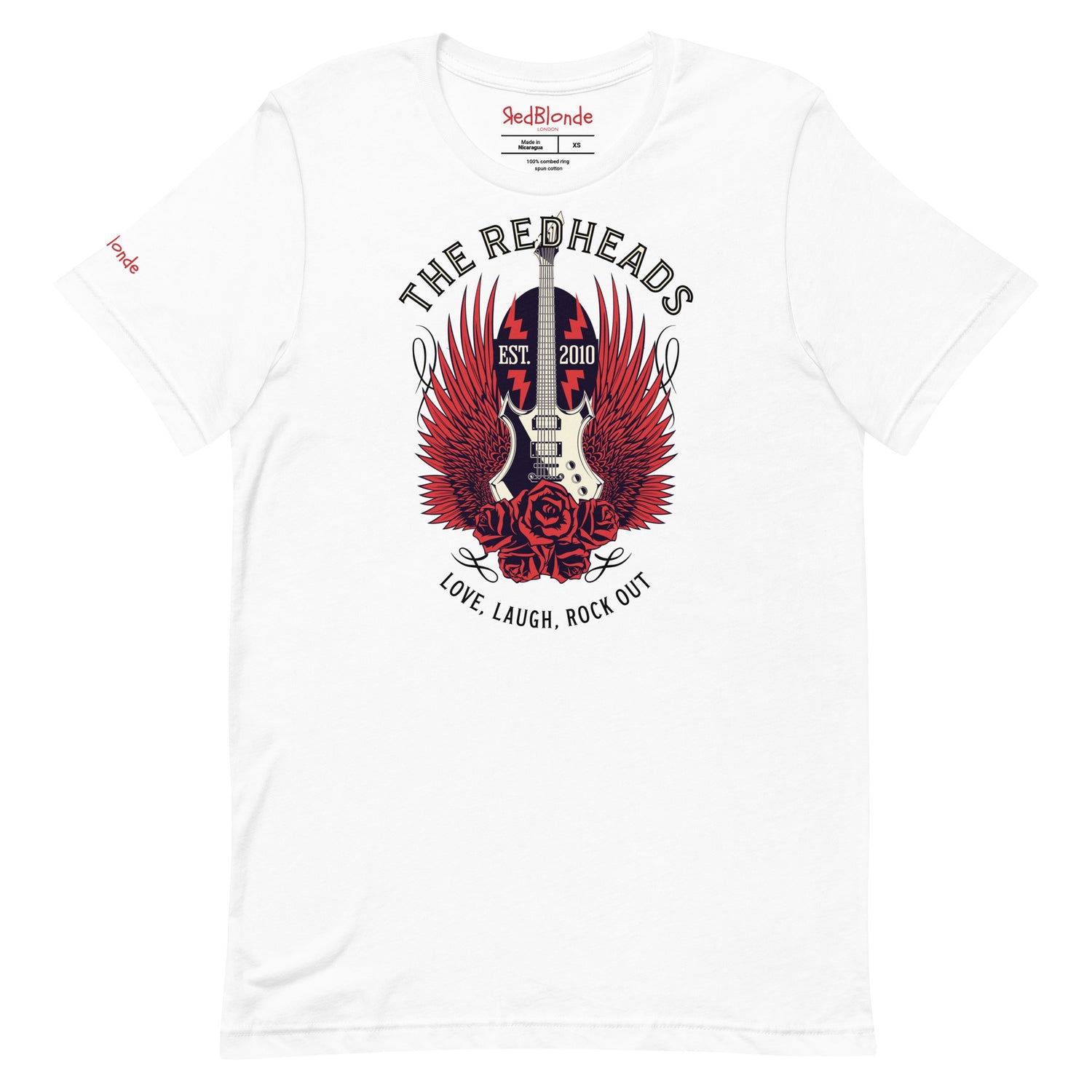 A flatlay of a white unisex t-shirt with a graphic of a black & white guitar with red bird wings emerging from the side. The graphic features ‘THE REDHEADS' in Brookfield font in a semicircle above the guitar, while ‘Love, laugh, rock out’ is underneath. Branded RedBlonde London in inside neck and right sleeve