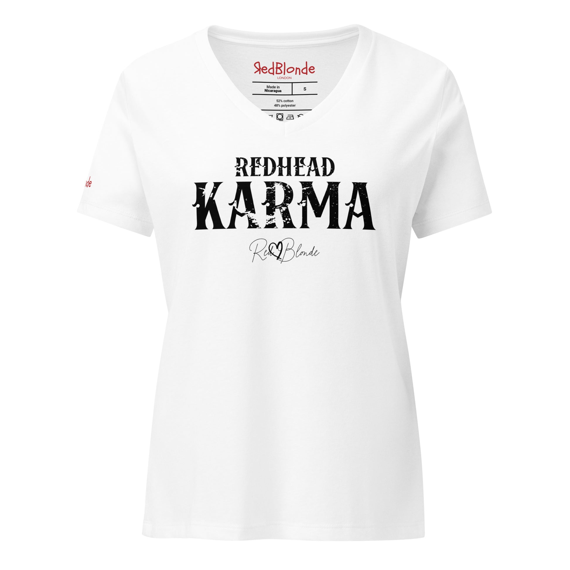 white v-neck women's relaxed fit t-shirt with 'REDHEAD KARMA' in Aquero white font, signed RedBlonde. Branded RedBlonde in red on inside neck and right sleeve 