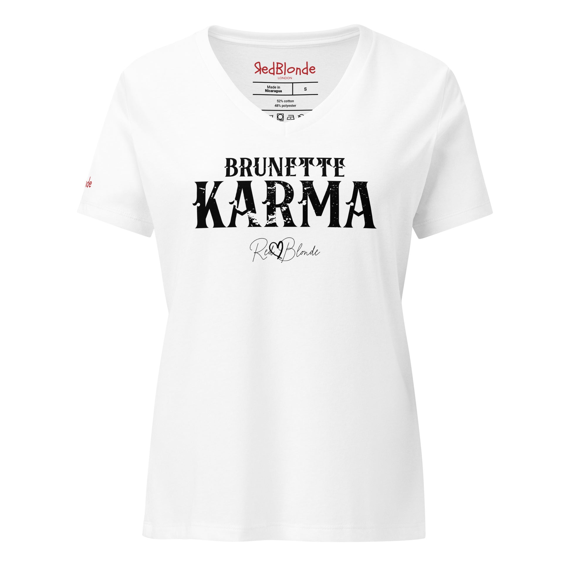 white v-neck women's relaxed fit t-shirt with 'BRUNETTE KARMA' in Aquero white font, signed RedBlonde. Branded RedBlonde in red on inside neck and right sleeve 